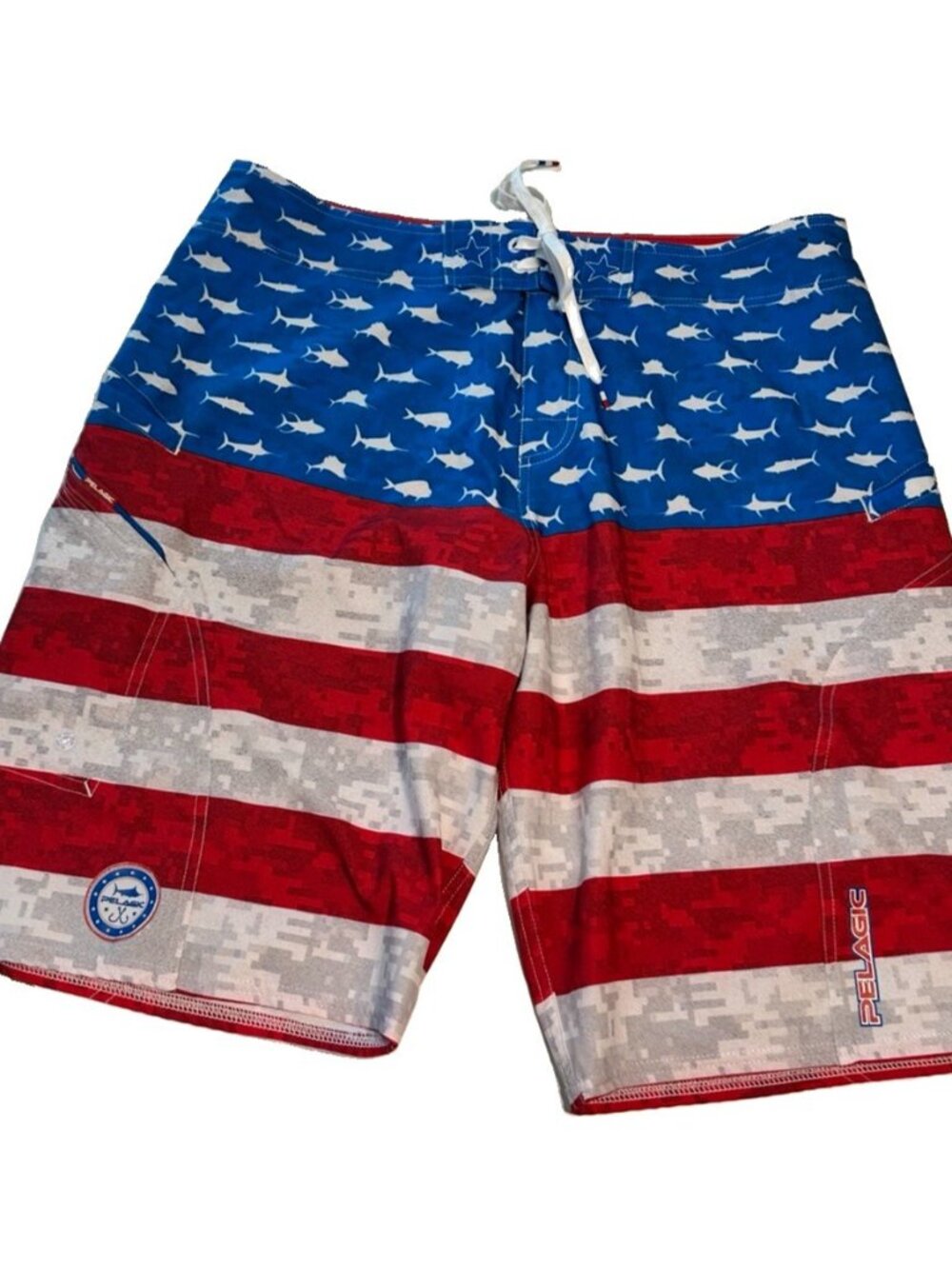 Pelagic Sharkskin Americamo Swim Trunks Board Shorts Mens 36  Flag Game Fish